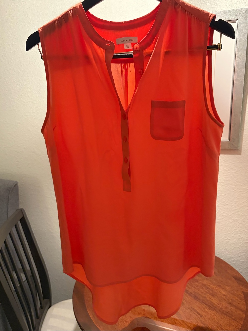 Garnet Hill Bright Orange Sleeveless Henley with Chest Pocket